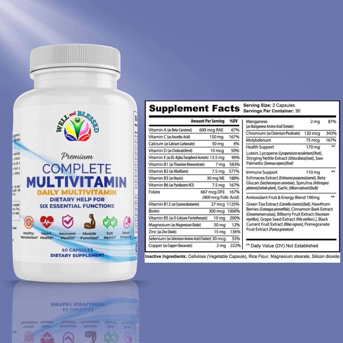 Essential Daily Multivitamin Supplement - 60 Capsules - Immune & Heart Support for Men & Women - Well & Blessed Formula