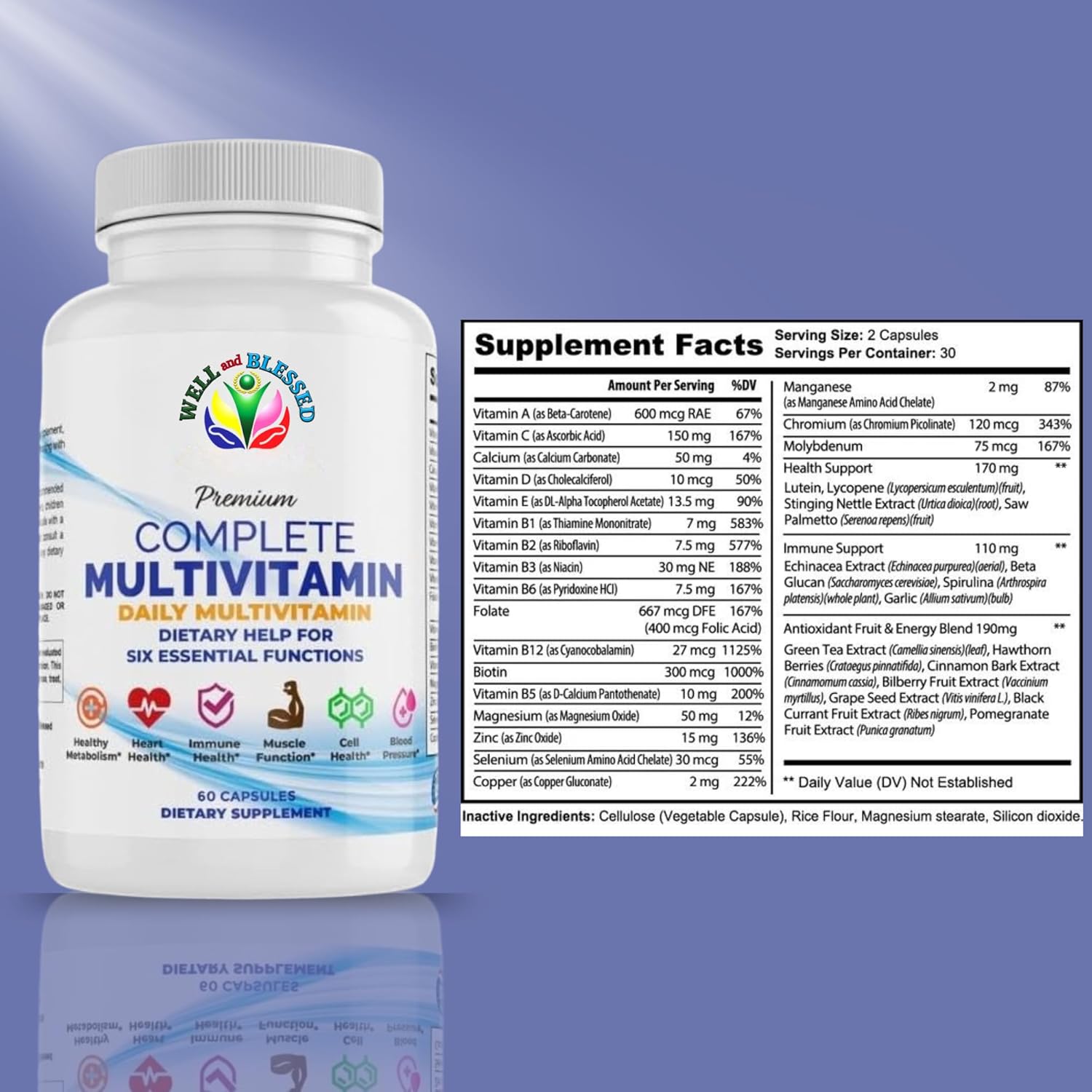 Essential Daily Multivitamin Supplement - 60 Capsules - Immune & Heart Support for Men & Women - Well & Blessed Formula