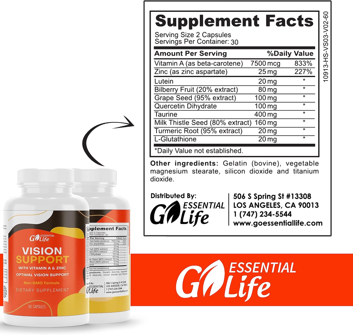 Essential Eye Care Supplement with Zinc, Vitamin A, Bilberry, Turmeric, Grape Seed Extract, Lutein 20mg - 60 Capsules for Vision Support and Eye Health