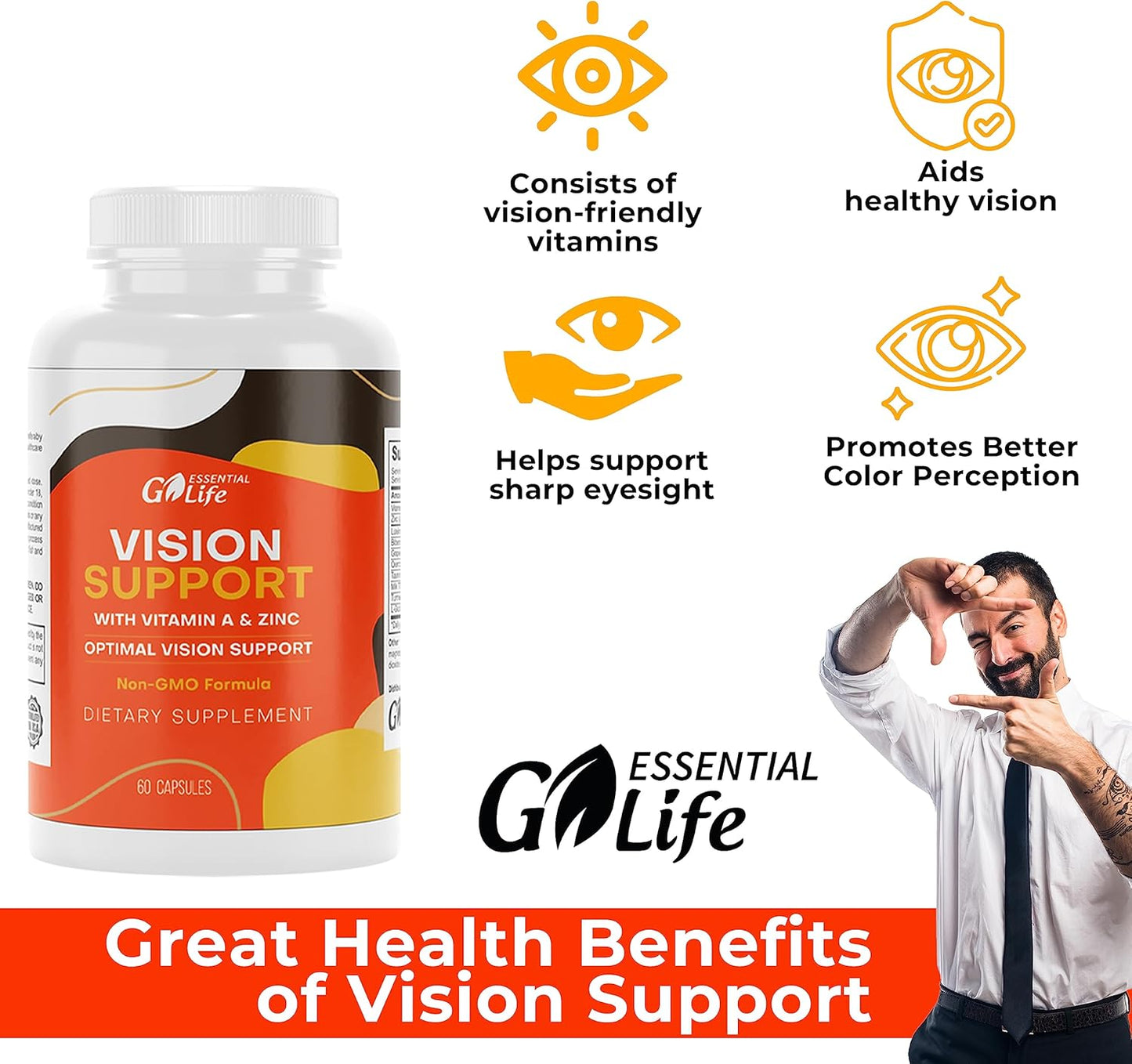 Essential Eye Care Supplement with Zinc, Vitamin A, Bilberry, Turmeric, Grape Seed Extract, Lutein 20mg - 60 Capsules for Vision Support and Eye Health