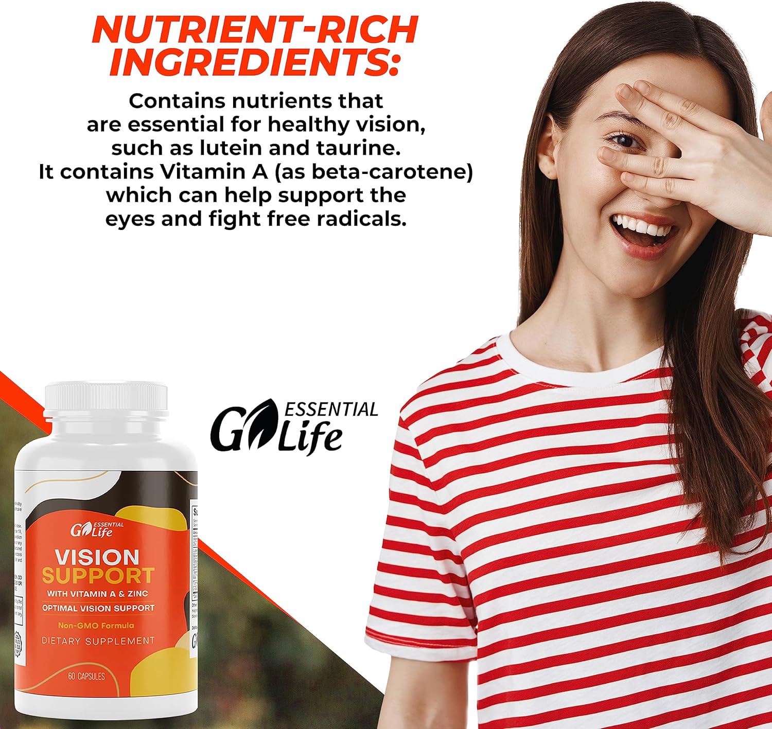 Essential Eye Care Supplement with Zinc, Vitamin A, Bilberry, Turmeric, Grape Seed Extract, Lutein 20mg - 60 Capsules for Vision Support and Eye Health