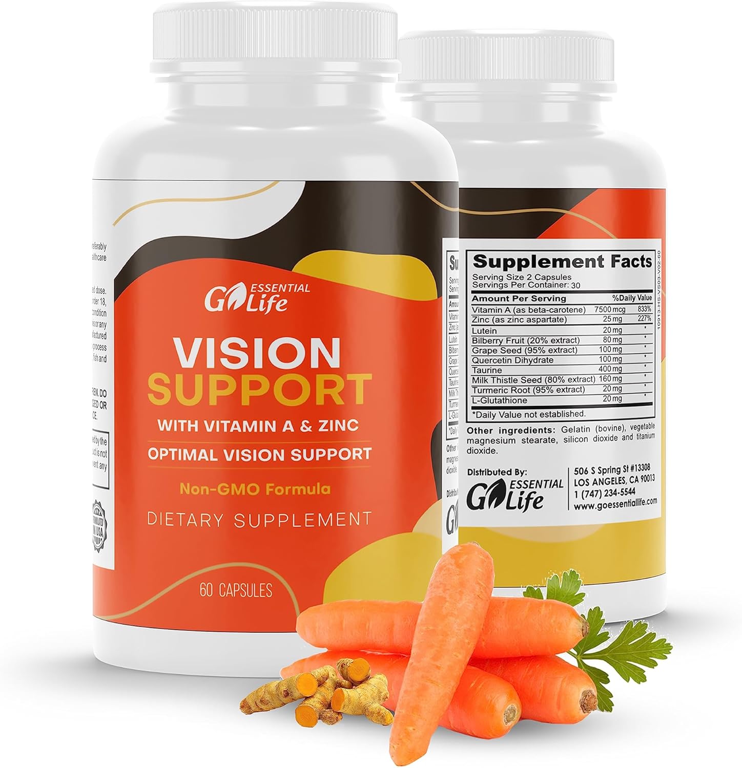 Essential Eye Care Supplement with Zinc, Vitamin A, Bilberry, Turmeric, Grape Seed Extract, Lutein 20mg - 60 Capsules for Vision Support and Eye Health