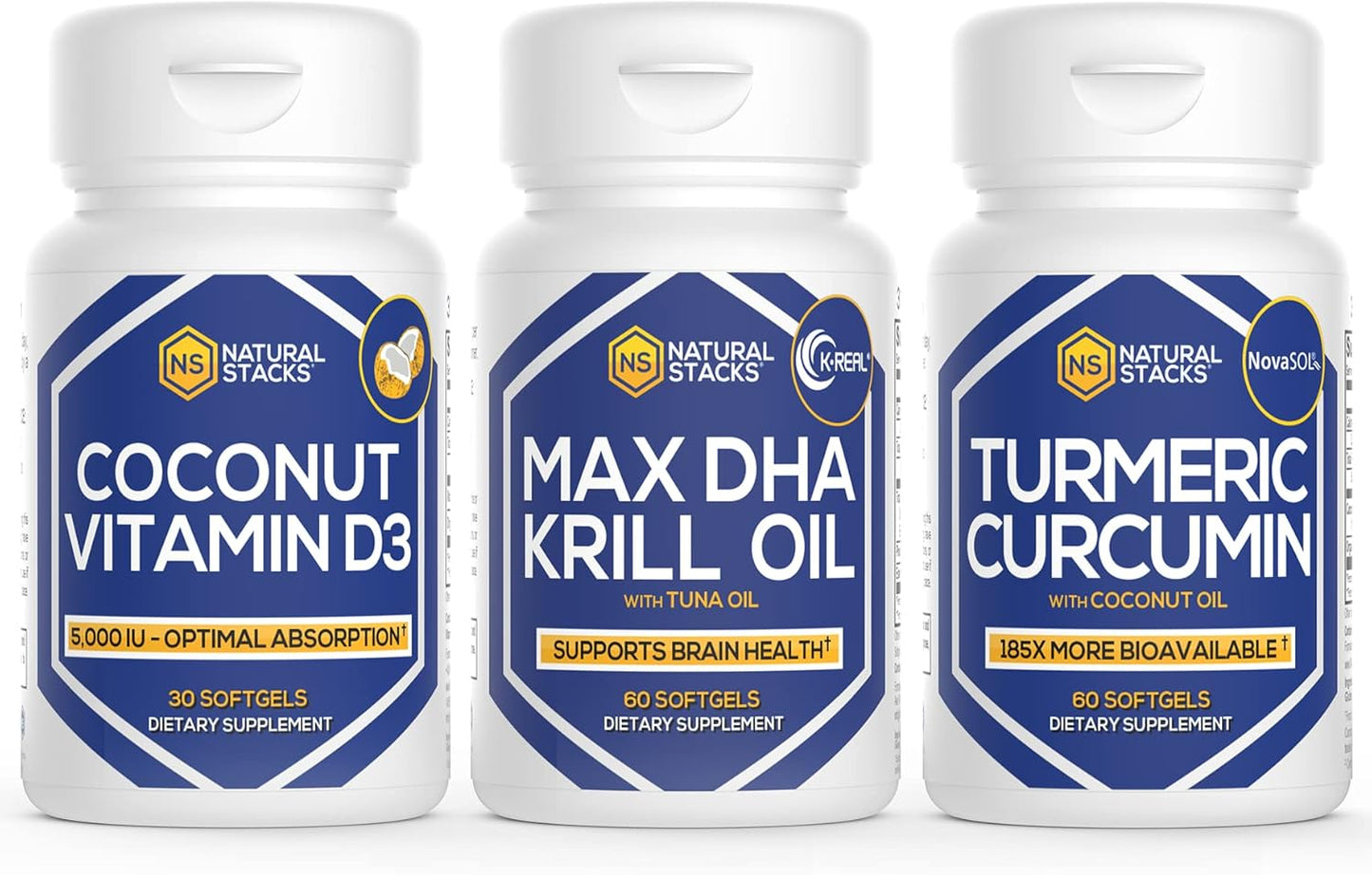 Essential Health Bundle: Antarctic Krill Oil, Vitamin D3, Liquid Turmeric Curcumin - 150 Softgels - Natural Stacks