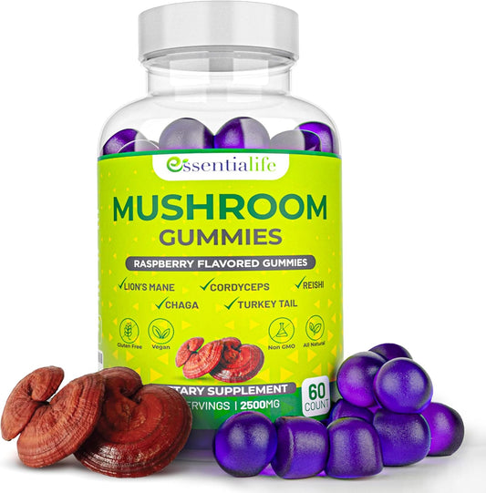 Essentialife Lions Mane Mushroom Gummies with 5 Immune Support Mushrooms - Brain Focus Supplement for Women and Men, Raspberry Flavor - 60 ct