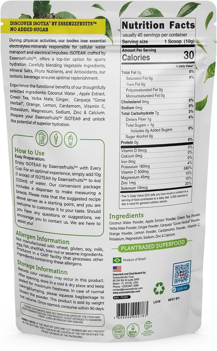 Essenzefruits ISOTEA Plant-Based Electrolytes Powder for Hydration - Low Sodium & Stevia Free - 1 lb Pack with 9 Superfoods + 5 Minerals
