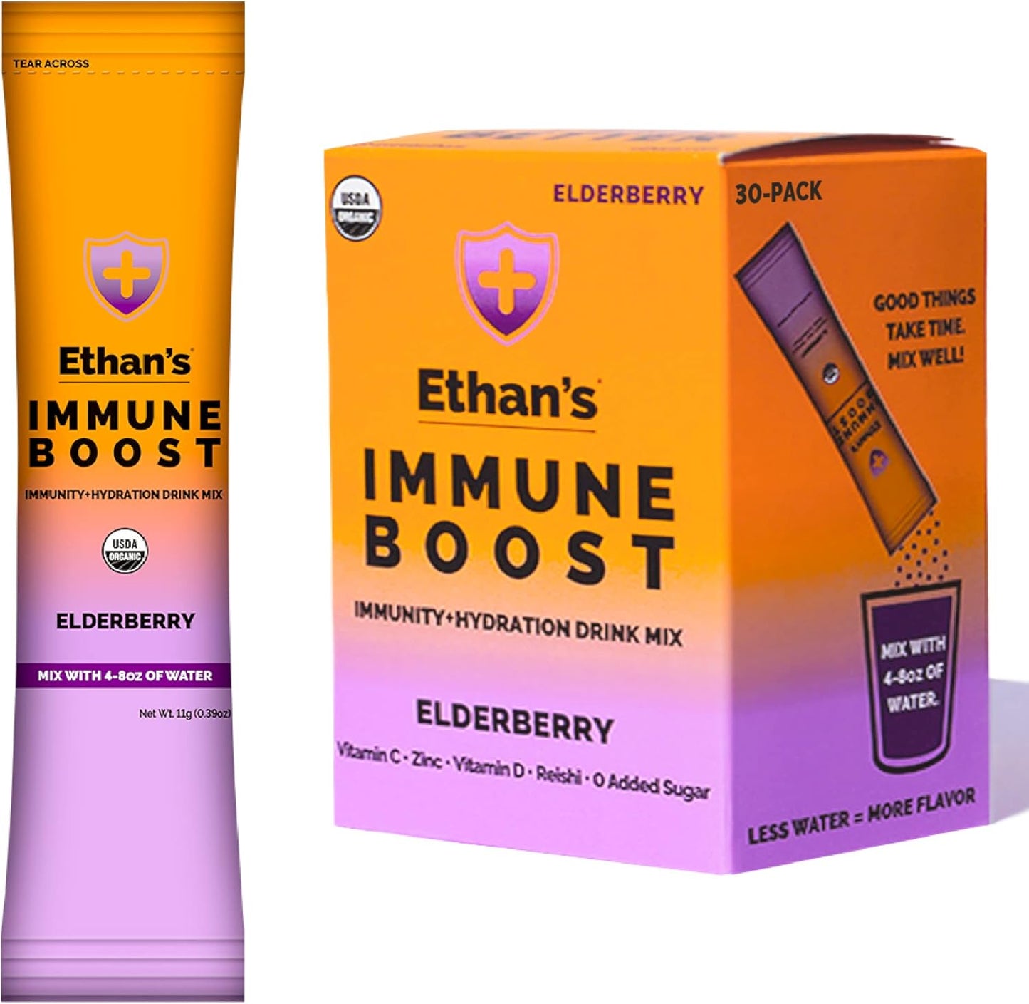 Ethan's Organic Elderberry Drink Mix Powder Packets - Immunity & Hydration Support - Real Fruit, Vitamin C, D, Zinc - No Sugar - 30 Pack