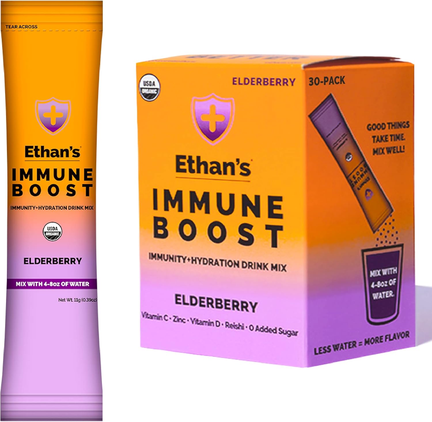 Ethan's Organic Elderberry Drink Mix Powder Packets - Immunity & Hydration Support - Real Fruit, Vitamin C, D, Zinc - No Sugar - 30 Pack