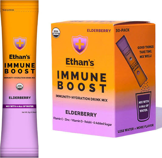 Ethan's Organic Elderberry Drink Mix Powder Packets - Immunity & Hydration Support - Real Fruit, Vitamin C, D, Zinc - No Sugar - 30 Pack