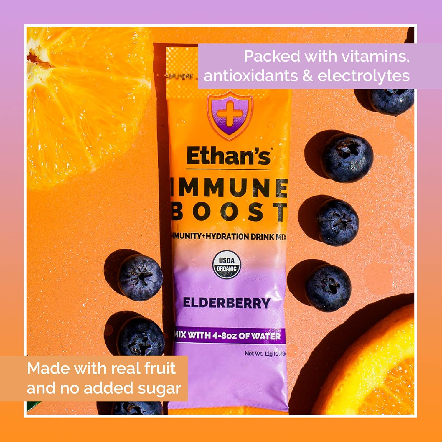Ethan's Organic Elderberry Drink Mix Powder Packets - Immunity & Hydration Support - Real Fruit, Vitamin C, D, Zinc - No Sugar - 30 Pack