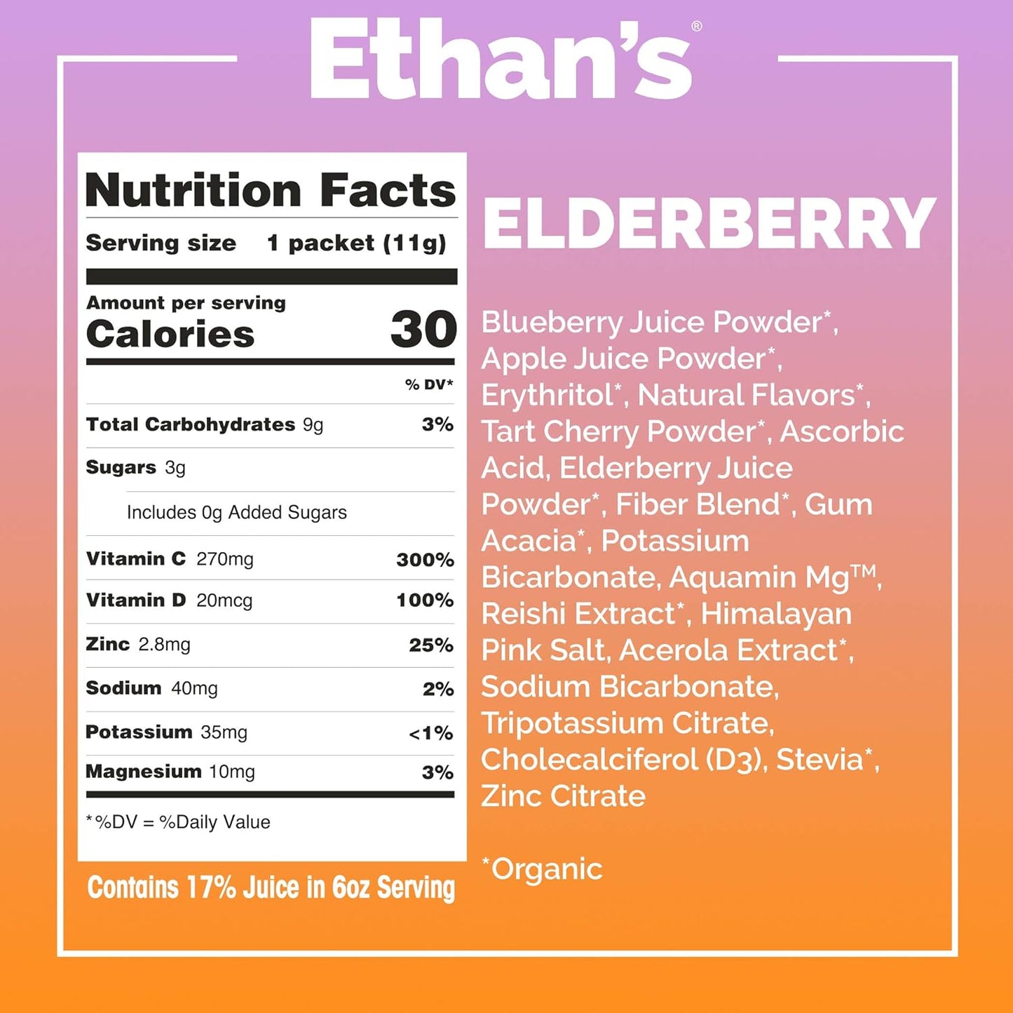 Ethan's Organic Elderberry Drink Mix Powder Packets - Immunity & Hydration Support - Real Fruit, Vitamin C, D, Zinc - No Sugar - 30 Pack