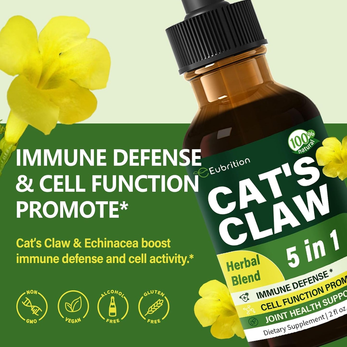 Eubrition Cat's Claw Immune Support Liquid Drops Blend with Echinacea, Lion's Mane, Reishi, Elderberry Extract - Herbal Tincture for Immunity & Joint Health - 4 oz