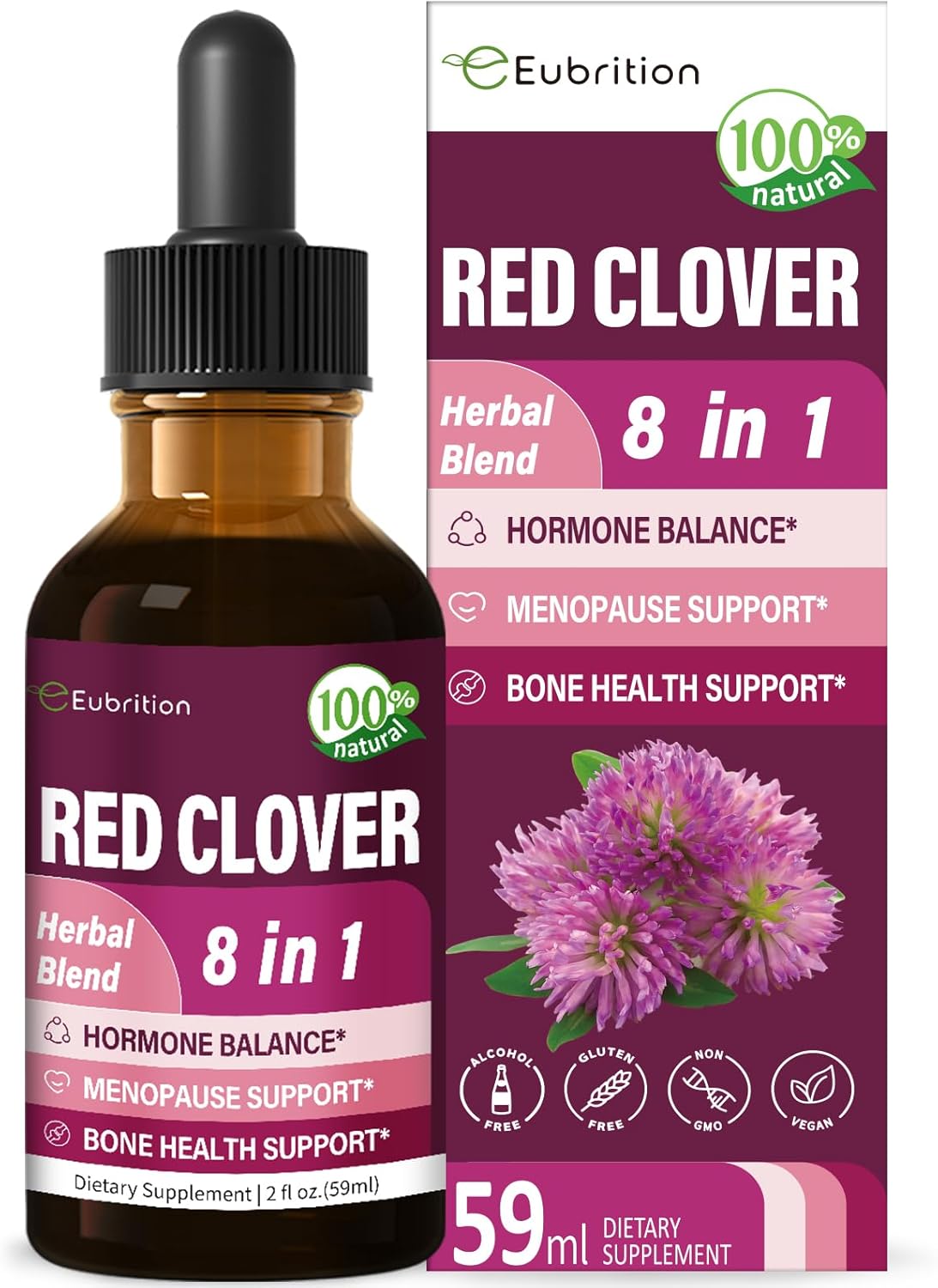 Eubrition Red Clover Hormone Harmony Drops for Women - Menopause Relief & Bone Health Support with Dong Quai, Shatavari, Wild Yam, Vitex Berry Extract - 2oz