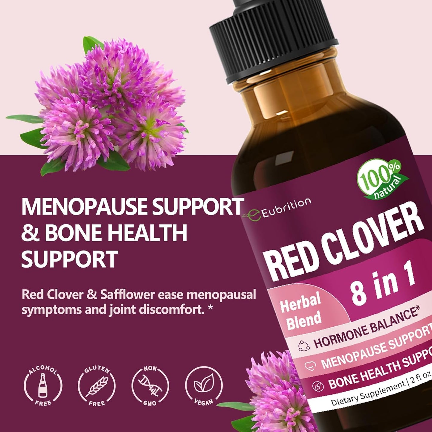 Eubrition Red Clover Hormone Harmony Drops for Women - Menopause Relief & Bone Health Support with Dong Quai, Shatavari, Wild Yam, Vitex Berry Extract - 2oz