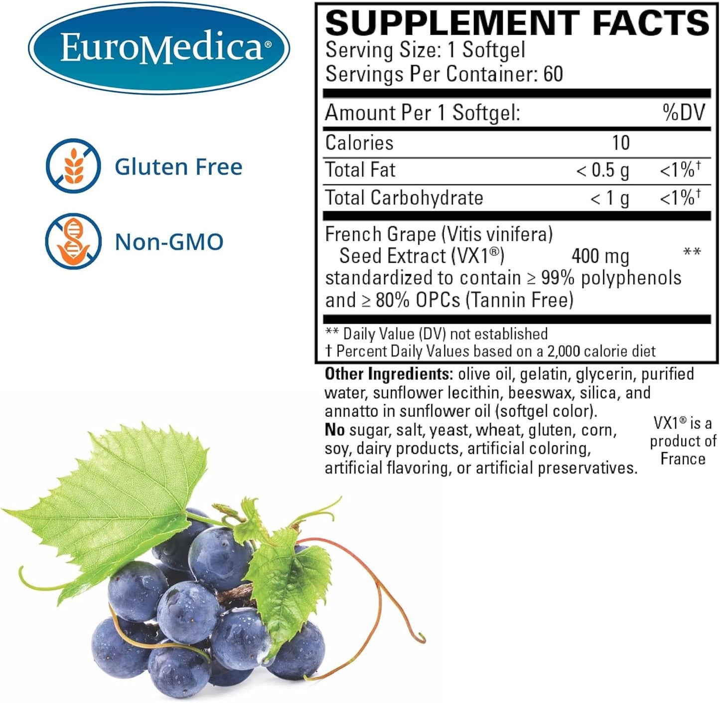 Euromedica Clinical OPC Softgels - Tannin-Free Grape Seed Extract - High Absorption - 60 Servings