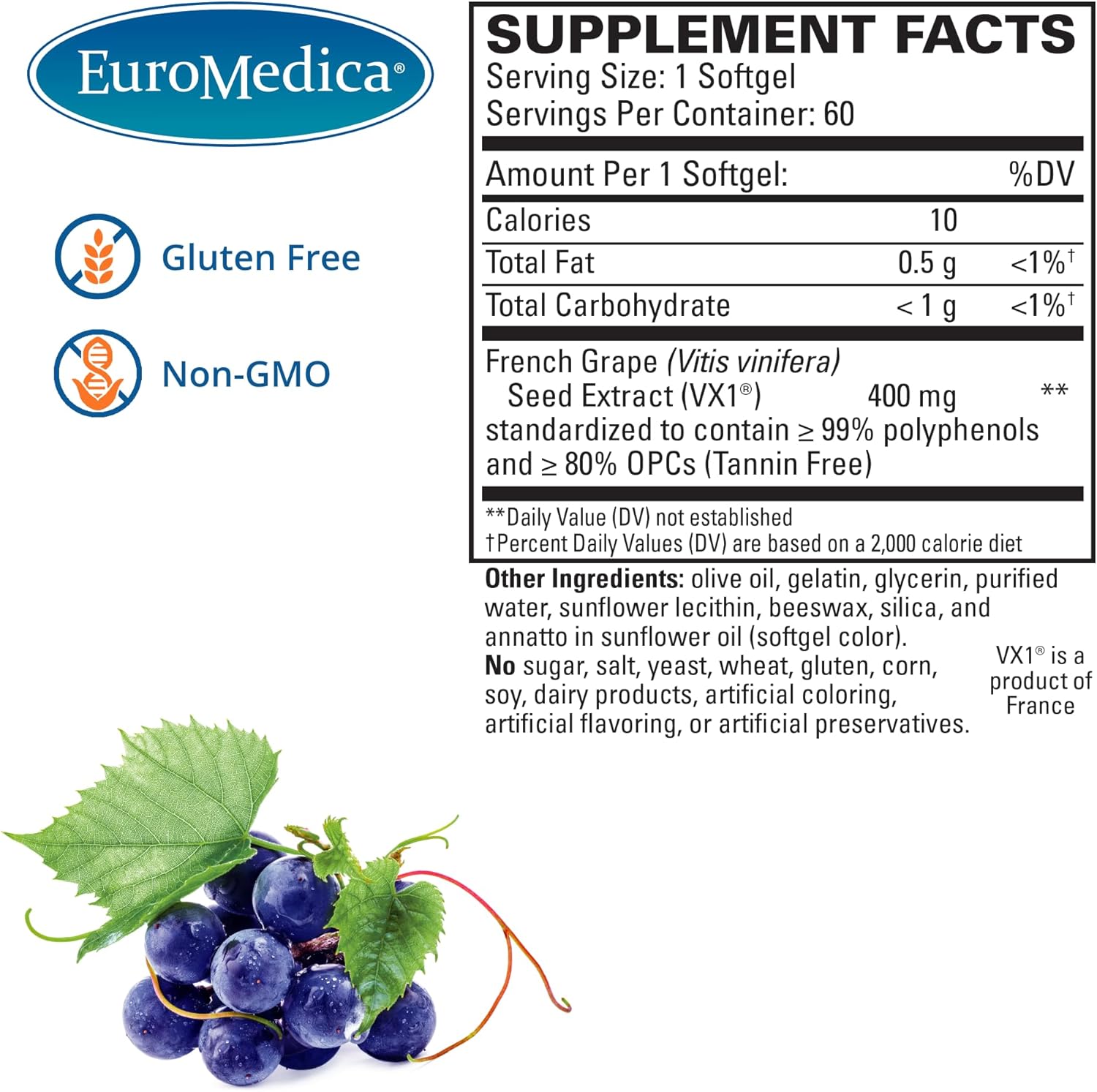 Euromedica Clinical OPC Softgels - Tannin-Free Grape Seed Extract - High Absorption - 60 Servings