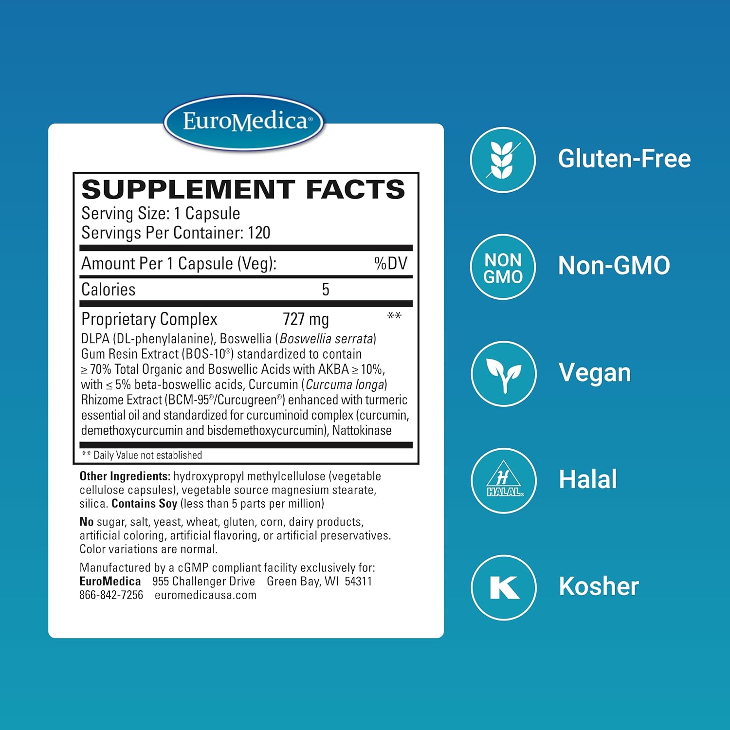 Euromedica Curaphen 120 Capsules - Professional Formula with Curcumin, Boswellia, DLPA & Nattokinase - Highly Absorbable - 120 Servings