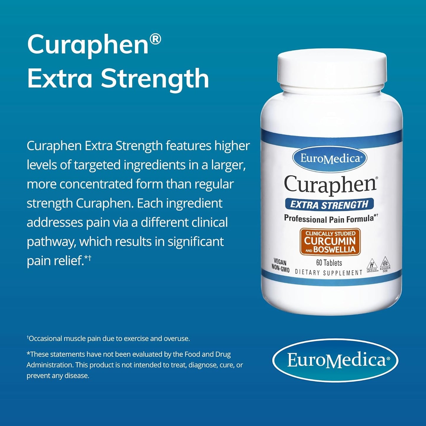 EuroMedica Curaphen Extra Strength Tablets - Professional Formula with Curcumin, Boswellia, DLPA & Nattokinase - Highly Absorbable - 60 Servings