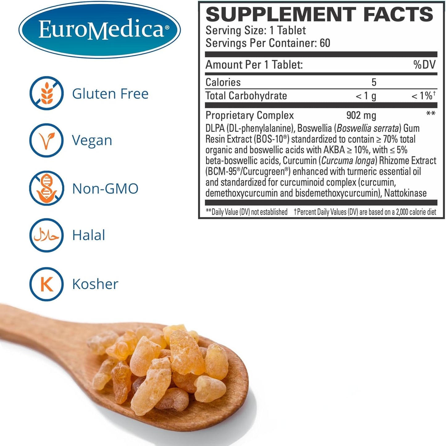EuroMedica Curaphen Extra Strength Tablets - Professional Formula with Curcumin, Boswellia, DLPA & Nattokinase - Highly Absorbable - 60 Servings
