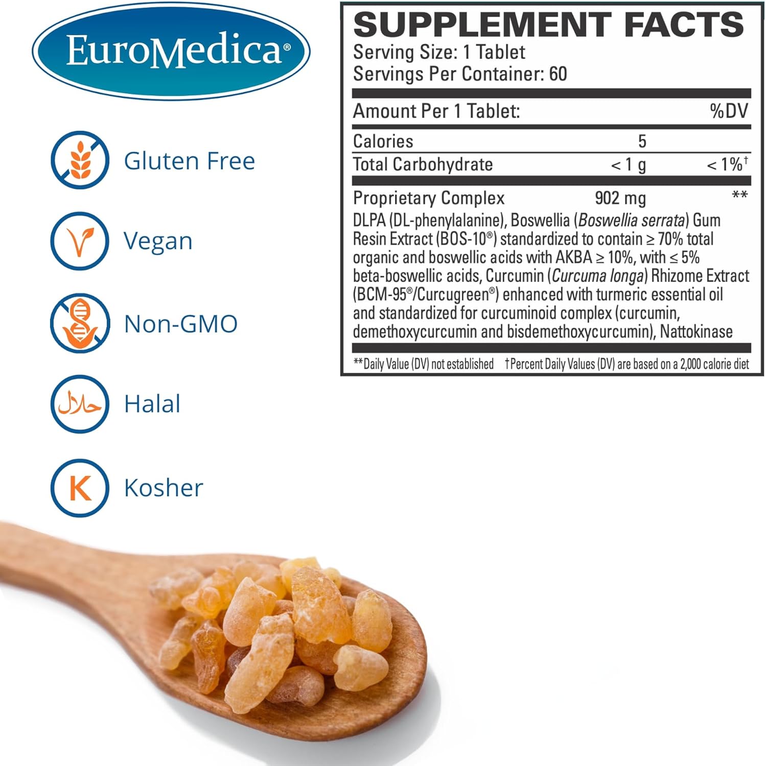 EuroMedica Curaphen Extra Strength Tablets - Professional Formula with Curcumin, Boswellia, DLPA & Nattokinase - Highly Absorbable - 60 Servings