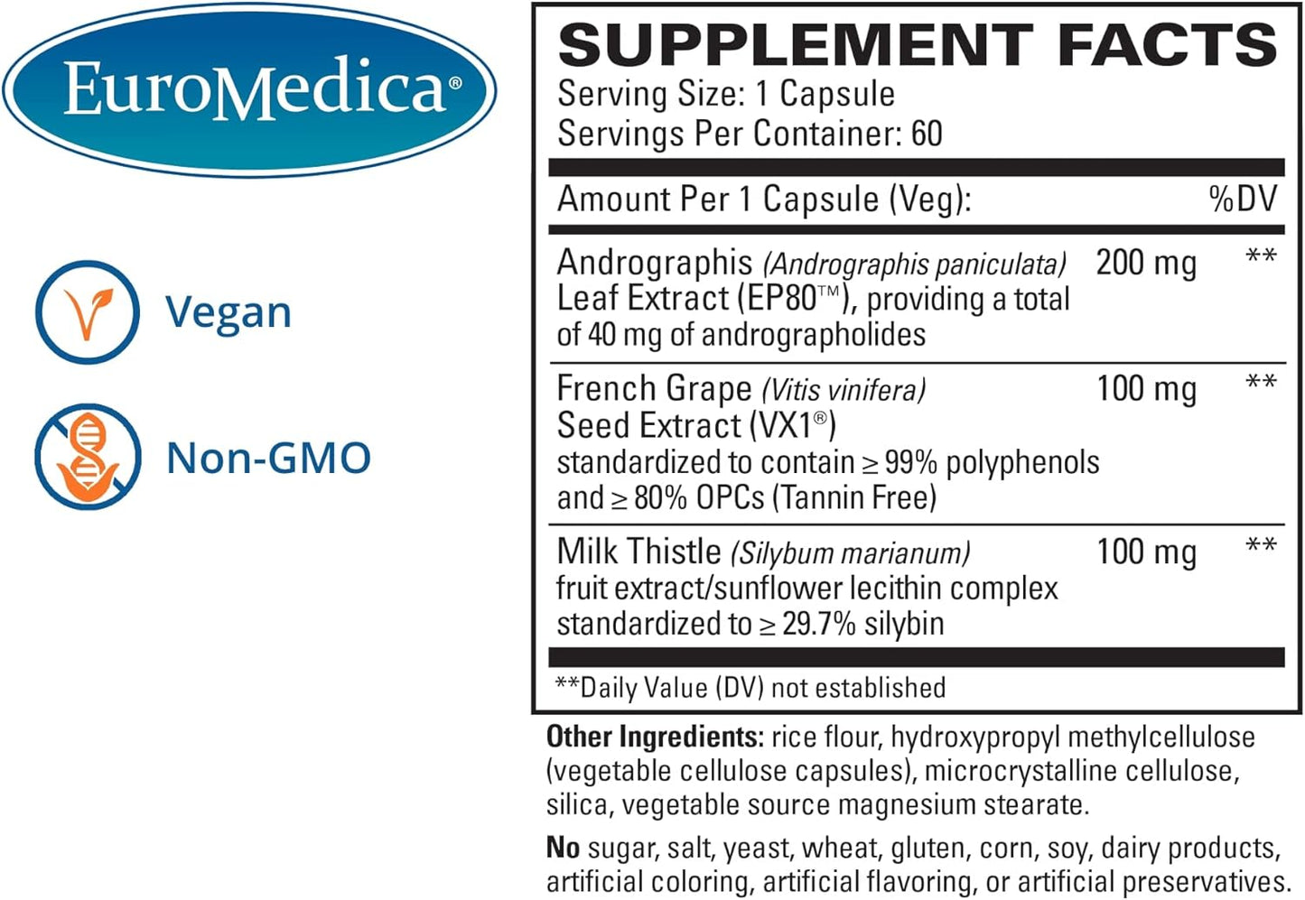 Euromedica Liver Support Capsules - 60 Count - Promotes Healthy Liver Function - Non-GMO, Vegan - 60 Servings