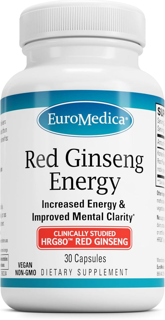 Euromedica Red Ginseng Energy Capsules with HRG80 - Boost Energy, Focus, Stamina - 30 Servings - Non-GMO, Vegan Formula - Powerful Ginseng Supplement