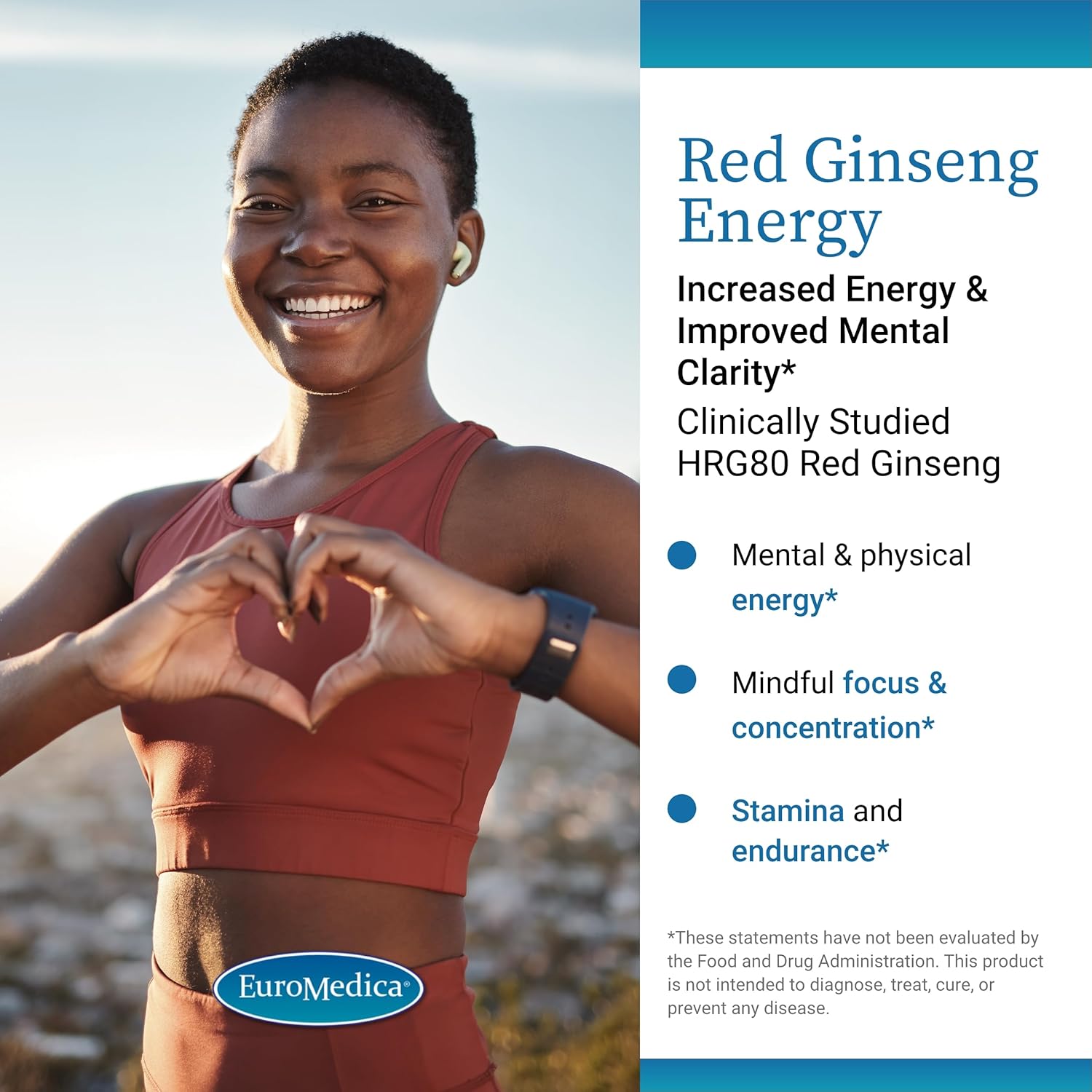 Euromedica Red Ginseng Energy Capsules with HRG80 - Boost Energy, Focus, Stamina - 30 Servings - Non-GMO, Vegan Formula - Powerful Ginseng Supplement