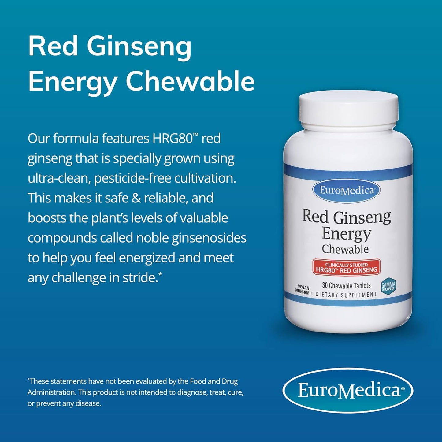 Euromedica Red Ginseng Energy Herbal Supplement - Vegan Tablets for Healthy Energy & Focus - 30 Chewable Tablets to Aid Endurance