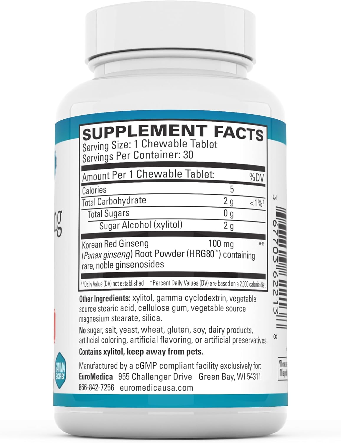 Euromedica Red Ginseng Energy Herbal Supplement - Vegan Tablets for Healthy Energy & Focus - 30 Chewable Tablets to Aid Endurance