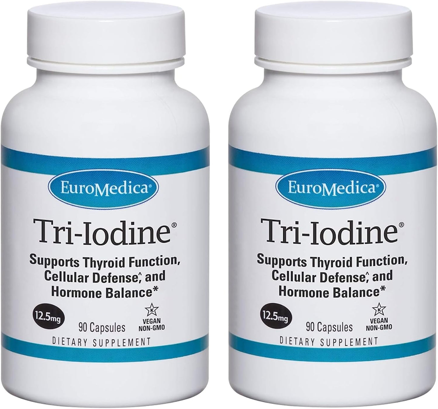 EuroMedica Tri-Iodine 12.5mg Capsules - Pack of 2, 90 Capsules Each - Supports Thyroid & Immune Health - Potassium Iodide, Sodium Iodide, Molecular Iodine - 180 Servings Total