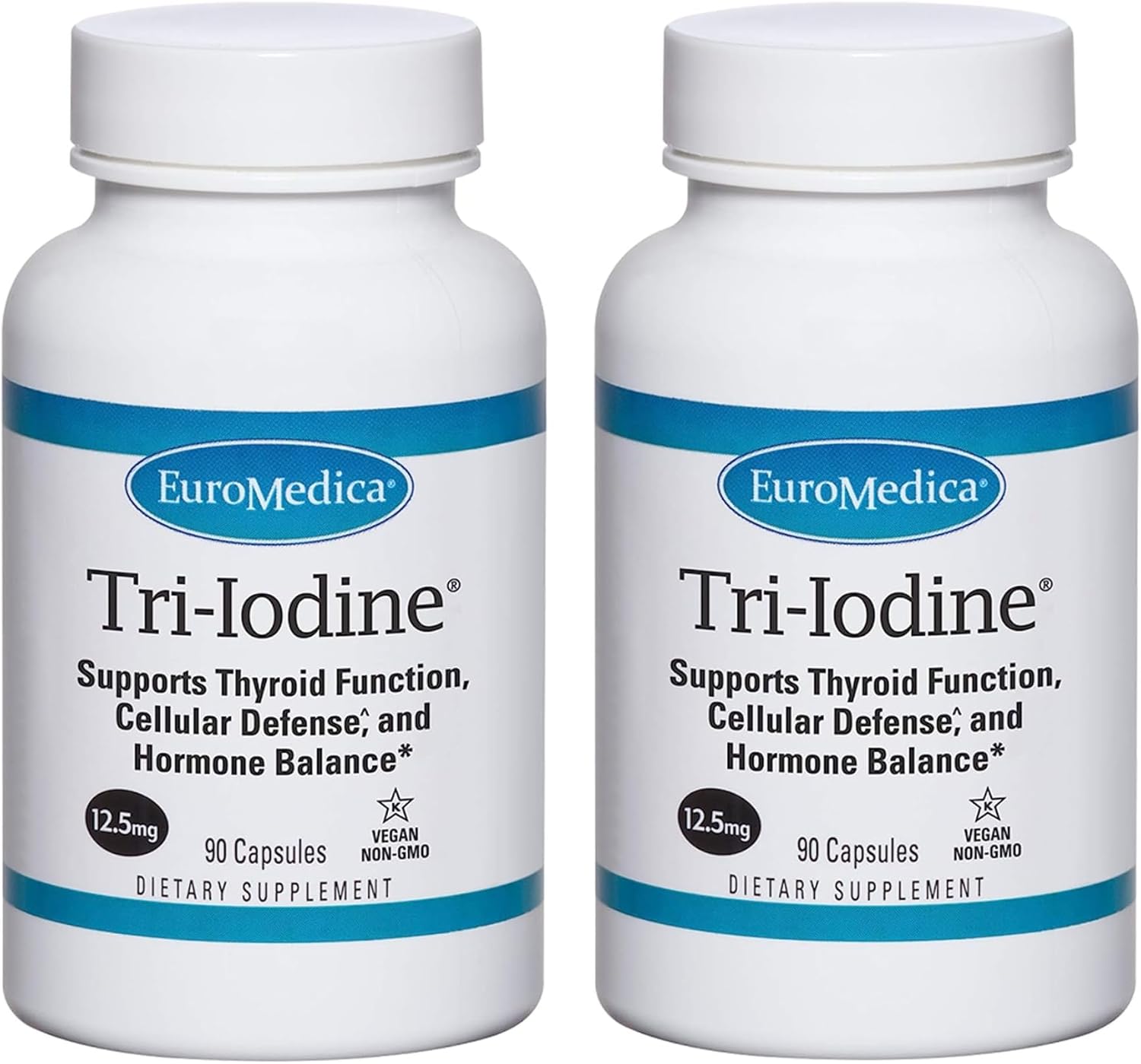 EuroMedica Tri-Iodine 12.5mg Capsules - Pack of 2, 90 Capsules Each - Supports Thyroid & Immune Health - Potassium Iodide, Sodium Iodide, Molecular Iodine - 180 Servings Total