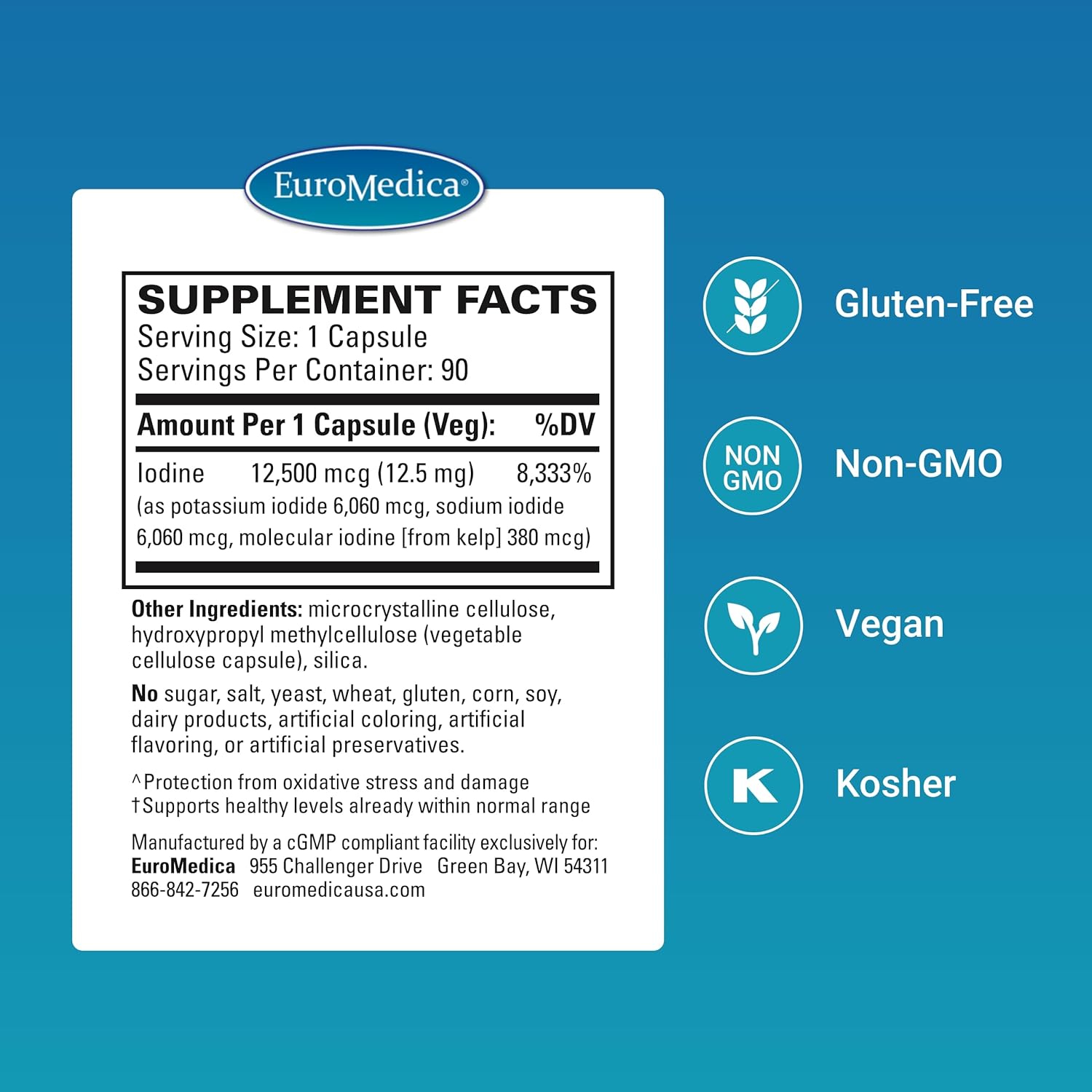 EuroMedica Tri-Iodine Capsules - Promotes Thyroid Health & Hormone Balance - Natural Iodine from Kelp - Includes Potassium Iodide & Sodium Iodide - Supports Brain Function & Energy - 12.5mg, 90 Count