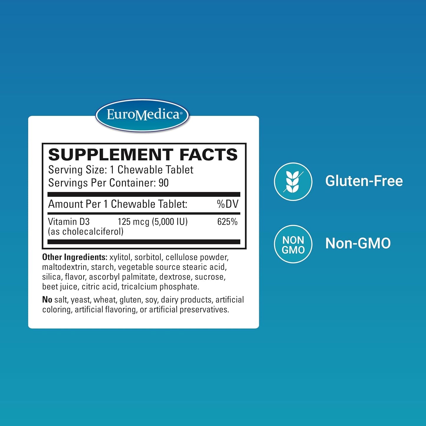 Euromedica Vitamin D3 5000 IU Chewable Tablets - Mixed Berry Flavor - Supports Bone Health, Immune System - 90 Servings