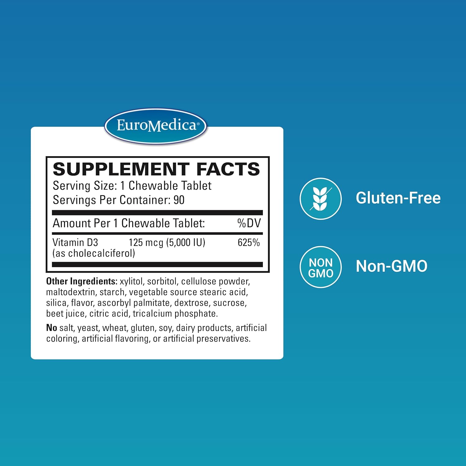 Euromedica Vitamin D3 5000 IU Chewable Tablets - Mixed Berry Flavor - Supports Bone Health, Immune System - 90 Servings