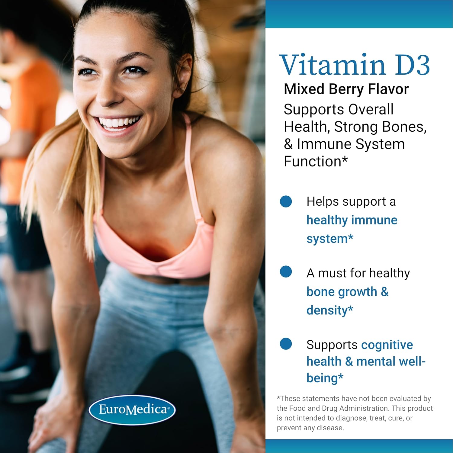 Euromedica Vitamin D3 5000 IU Chewable Tablets - Mixed Berry Flavor - Supports Bone Health, Immune System - 90 Servings