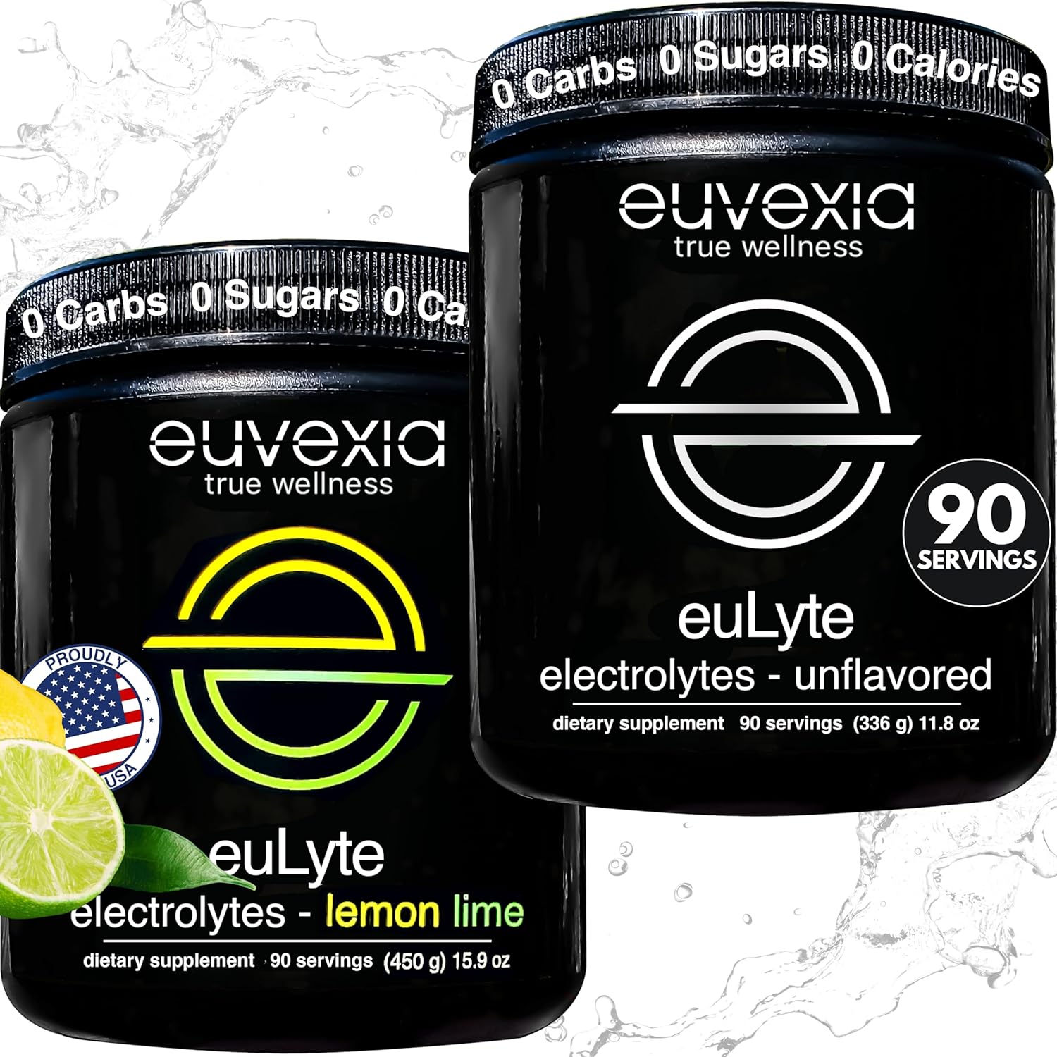 Euvexia euLyte Electrolyte Powder Drink Mix Bundle - Lemon-Lime & Unflavored - 180 Servings - Dr Ekberg - Hydration - 80+ Electrolytes, Fasting & Keto Friendly