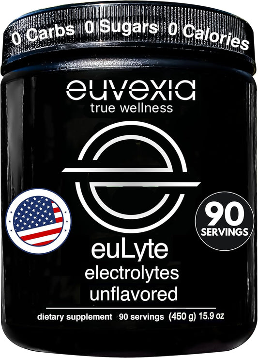 Euvexia euLyte Powder: Sugar-Free Electrolyte Drink Mix for Hydration - 90 Servings, Unflavored - Fasting, Keto, Vegan, Carnivore Friendly