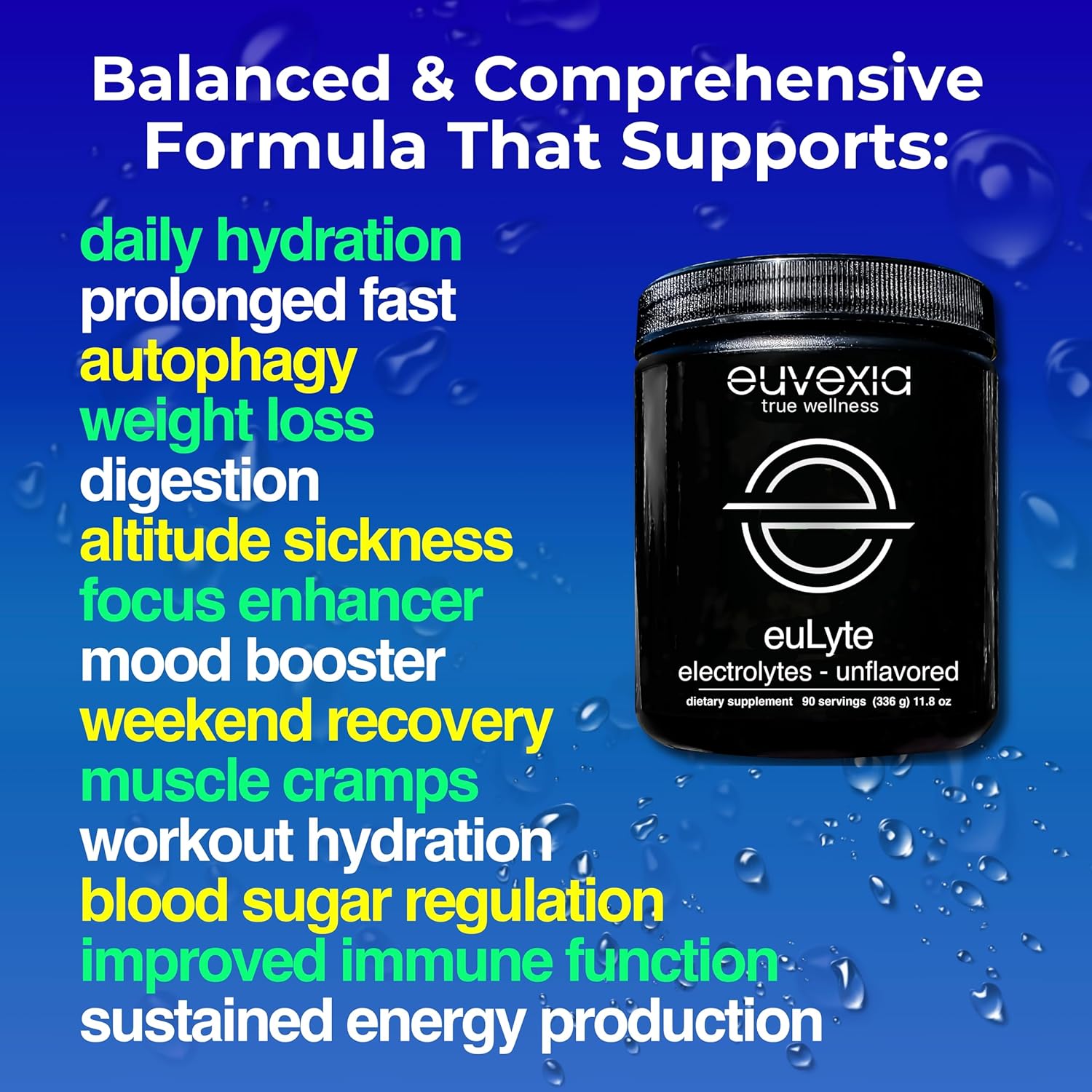 Euvexia euLyte Powder: Sugar-Free Electrolyte Drink Mix for Hydration - 90 Servings, Unflavored - Fasting, Keto, Vegan, Carnivore Friendly
