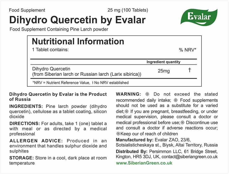 Evalar Dihydro Quercetin Siberian Pine Larch Bioflavonoid Tablets for Immune Support