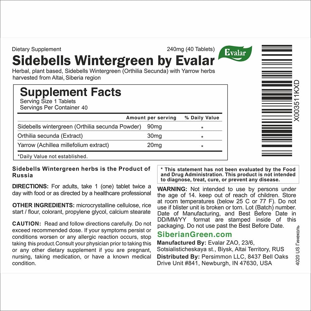 Evalar Orthilia Secunda Sidebells Wintergreen Yarrow Herb Tablets from Altai Siberia - 40 Count