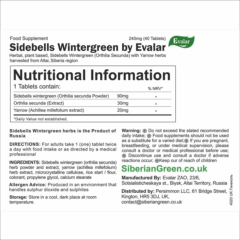 Evalar Orthilia Secunda Sidebells Wintergreen Yarrow Herb Tablets from Altai Siberia - 40 Count