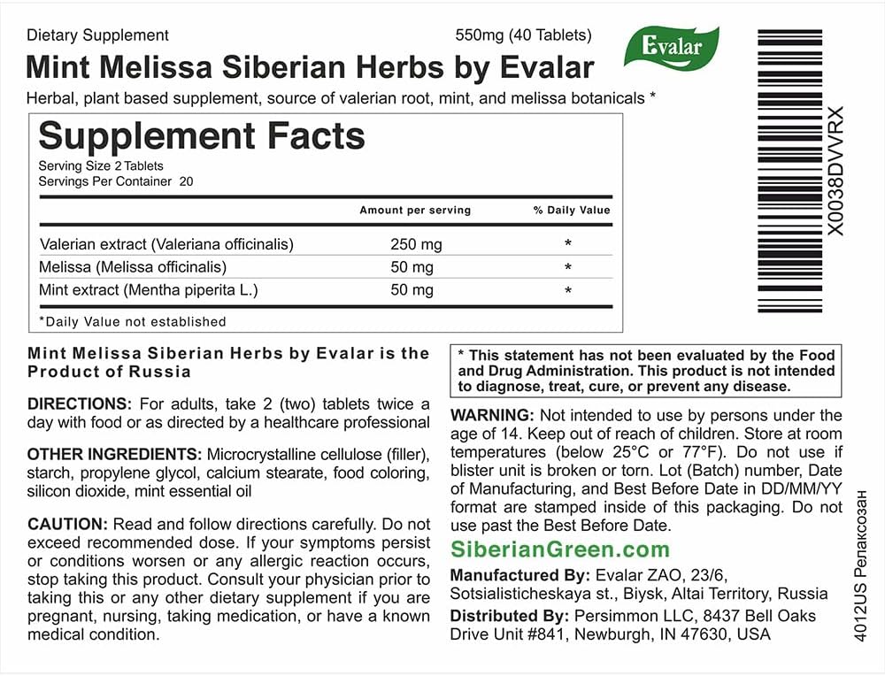 Evalar Relaksozan - Natural Melissa Mint Siberian Herbs Supplement, 40 Tablets