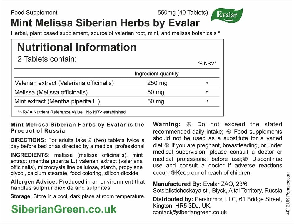 Evalar Relaksozan - Natural Melissa Mint Siberian Herbs Supplement, 40 Tablets