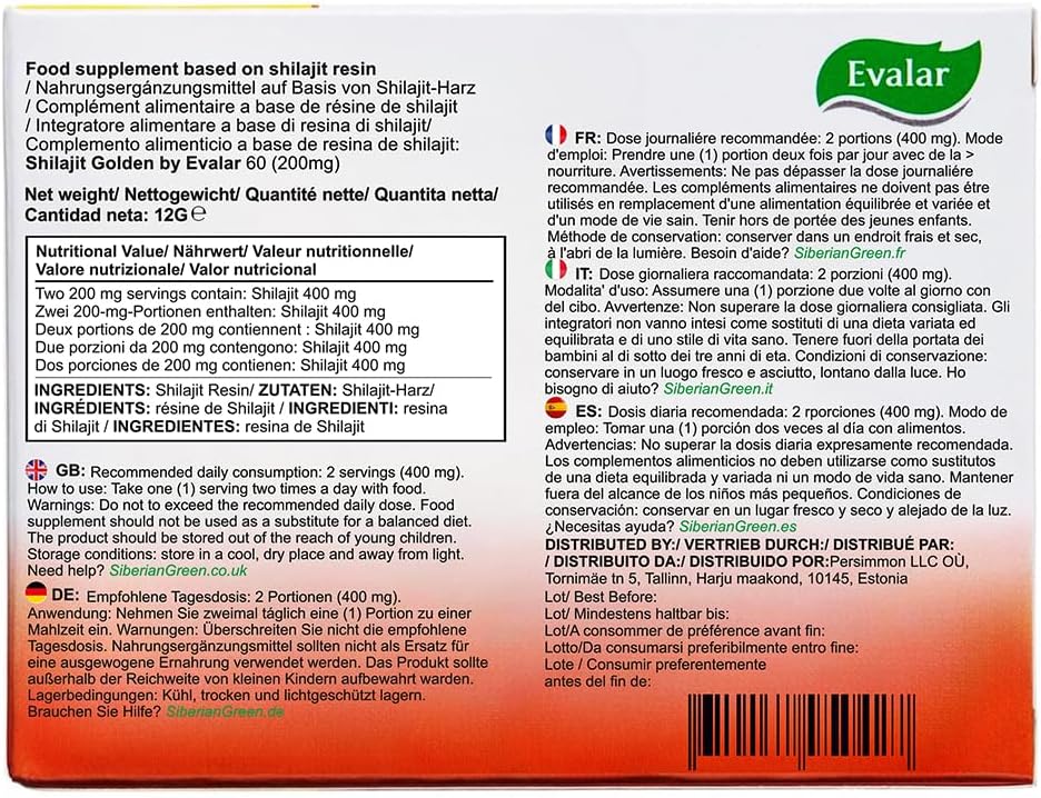 Evalar Siberian Altai Shilajit Golden Tablets - 60 Count - Natural Energy and Wellness Support