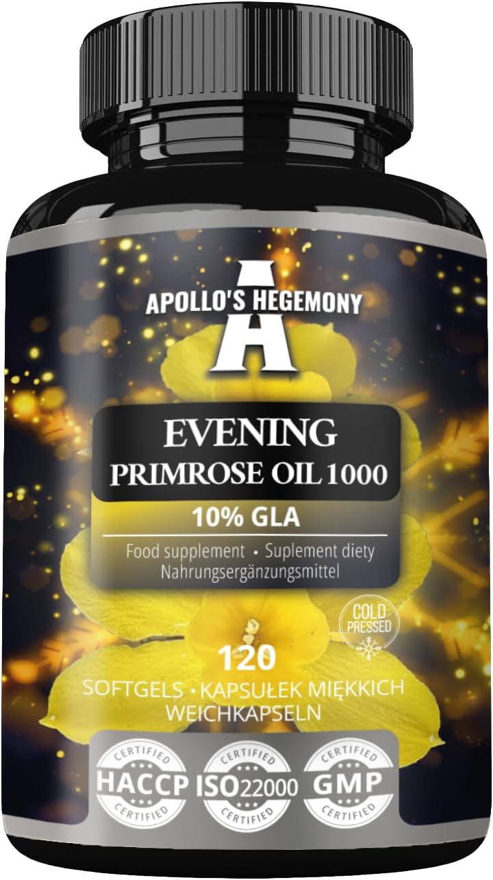 Evening Primrose Oil Softgels 1000 mg with Vitamin E - 120 Capsules - Hormonal Balance & Skin Health - 4 Month Supply - Apollo's Hegemony