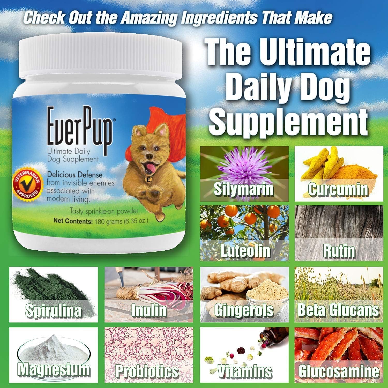 EverPup Ultimate Dog Supplement for Healthy Joints, Immunity, Digestion, Skin - Glucosamine, Prebiotics, Probiotics, Apoptogens, Vitamins, Minerals