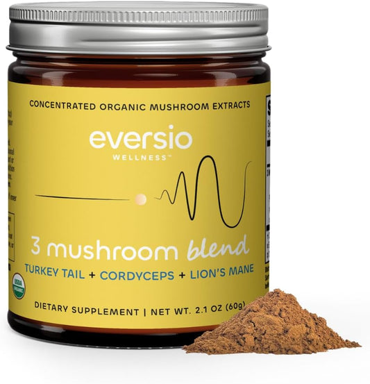 Eversio Wellness 3 Mushroom Blend - Awaken Blend 60 Servings (60g) - Lions Mane, Turkey Tail, Cordyceps Mushroom Powder with >32% Beta-D-Glucans for Coffee and Smoothies
