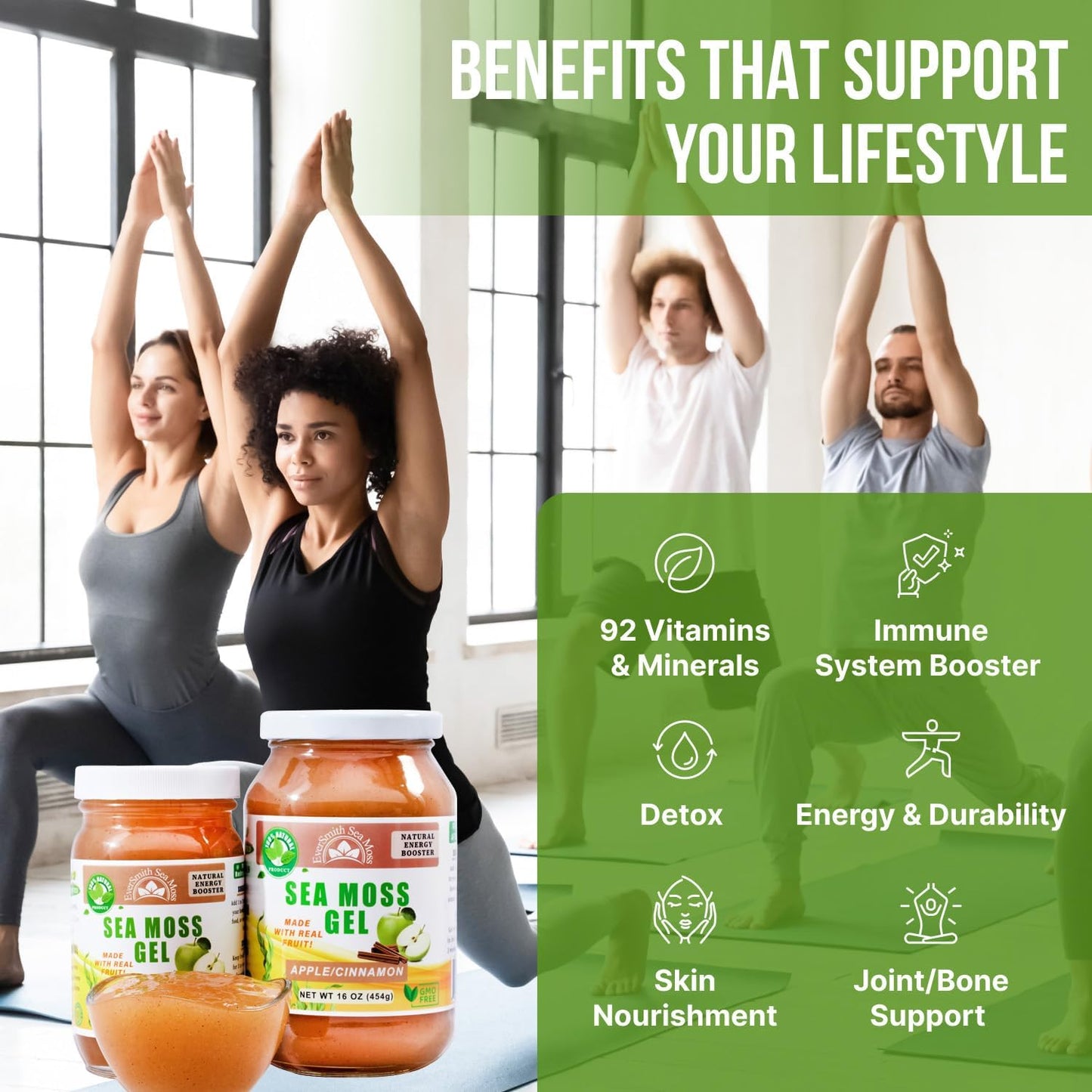 EverSmith Organics Wildcrafted Irish Sea Moss Gel - Rich in Vitamins & Minerals - Made in USA - 100% Raw Sea Moss Gel - Nutrient-Dense Apple Flavor - 16 oz Bottle