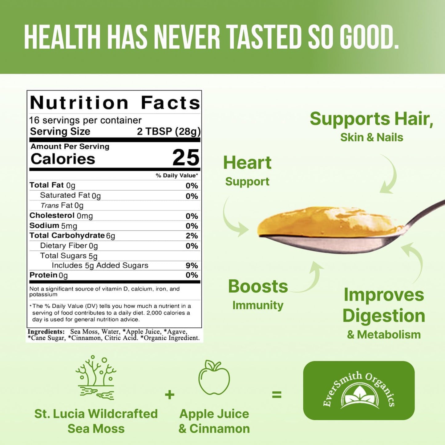 EverSmith Organics Wildcrafted Irish Sea Moss Gel - Rich in Vitamins & Minerals - Made in USA - 100% Raw Sea Moss Gel - Nutrient-Dense Apple Flavor - 16 oz Bottle