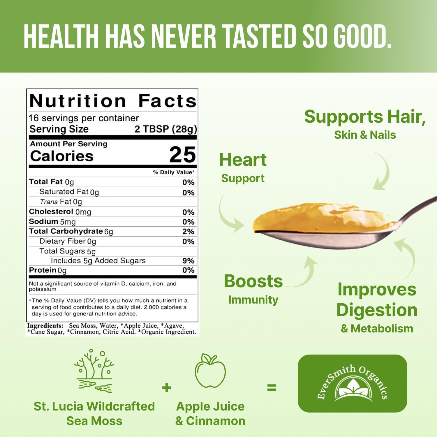 EverSmith Organics Wildcrafted Irish Sea Moss Gel - Rich in Vitamins & Minerals - Made in USA - 100% Raw Sea Moss Gel - Nutrient-Dense Apple Flavor - 16 oz Bottle