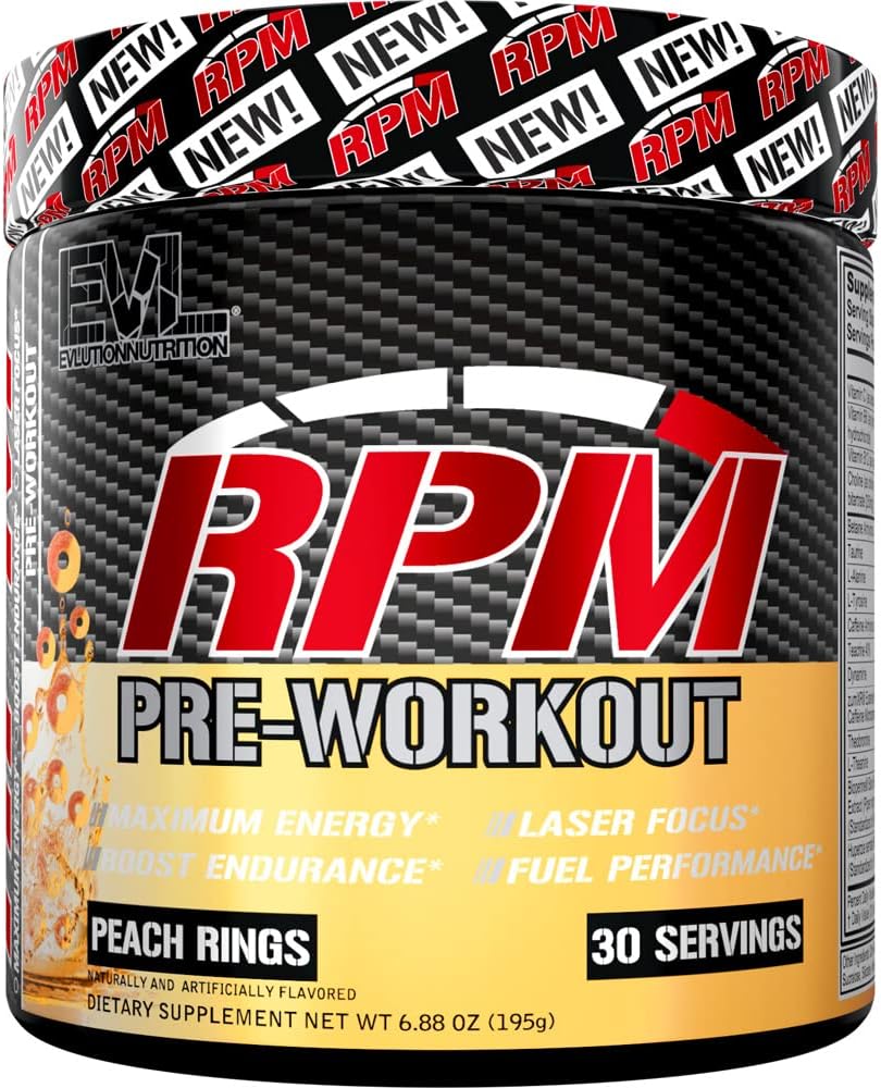 EVL RPM Energy Pre Workout Drink Powder - Peach Rings Flavor with Betaine, Alanine, Caffeine, Theacrine for Enhanced Performance